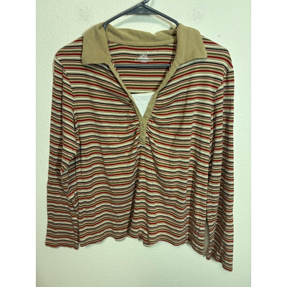 Mountain Lake Collared T-Shirt Striped Preppy Casual Cotton Beige Size Large BD2